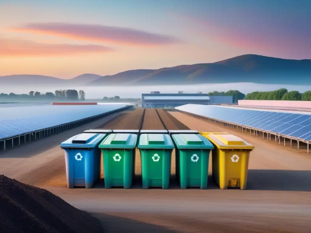 Planta de reciclaje moderna al atardecer, reflejando impacto políticas públicas reciclaje economía