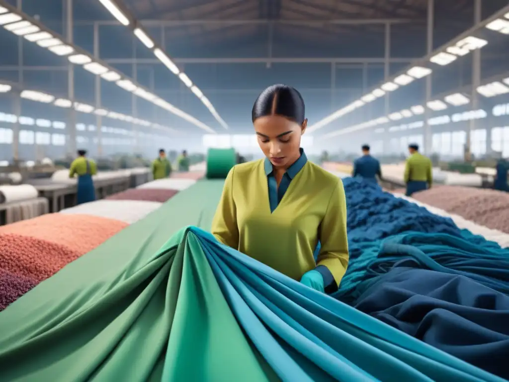 Una planta de reciclaje textil moderna y sostenible con trabajadores procesando telas coloridas, fusionando tecnología y moda