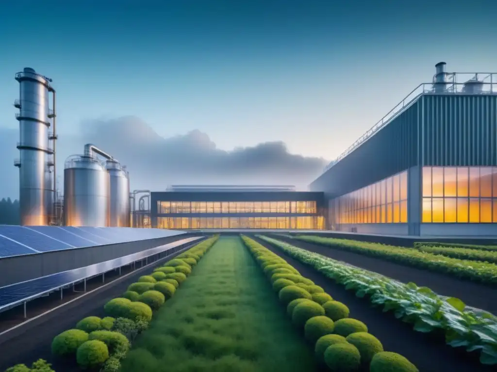 Una planta de producción química sostenible revolucionando con arquitectura futurista, rodeada de naturaleza y paneles solares