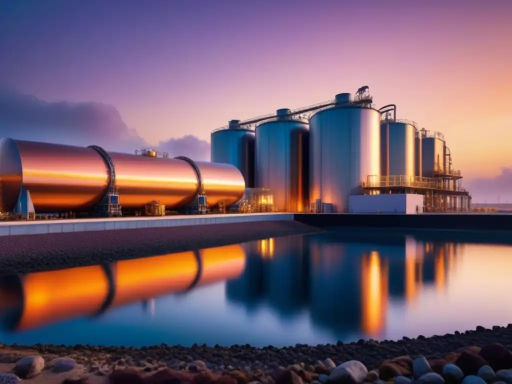 Planta de desalinización sostenible en atardecer, fusionando tecnología y naturaleza