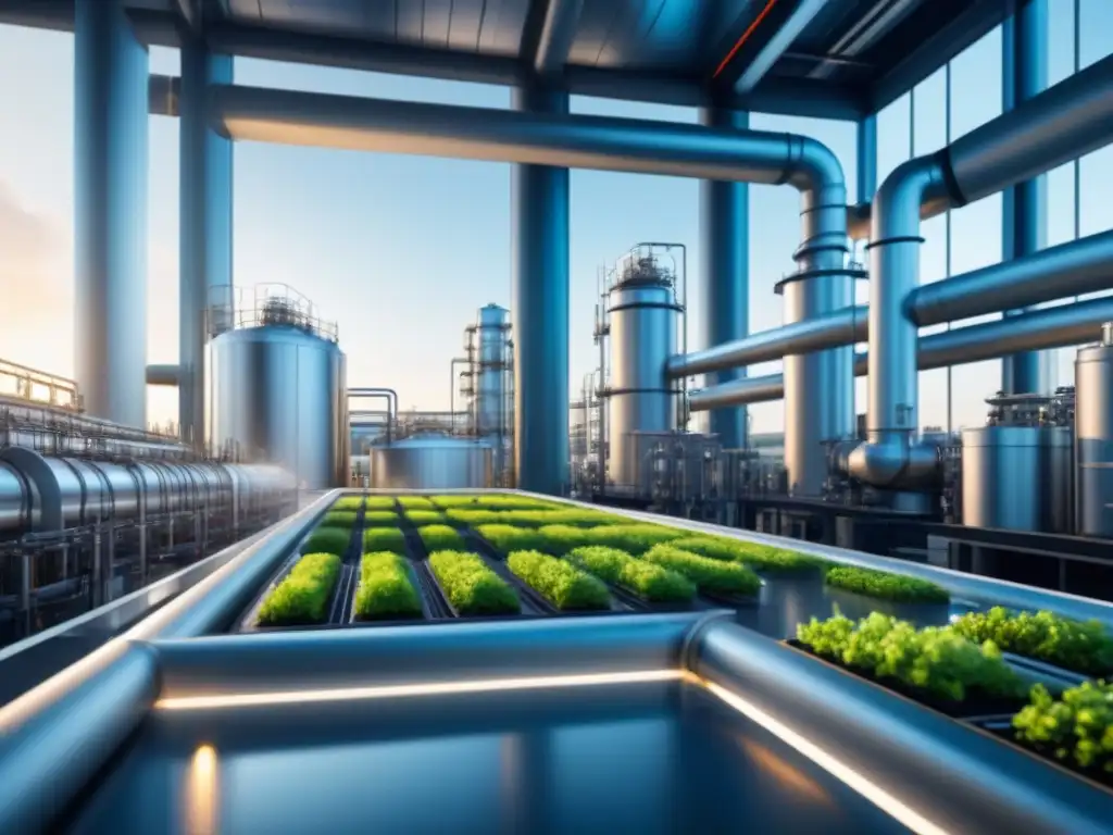 Planta química futurista: producción sostenible con IA avanzada Una planta de producción químicos sostenibles con IA, diseño moderno y maquinaria avanzada, rodeada de vegetación exuberante y cielo azul claro