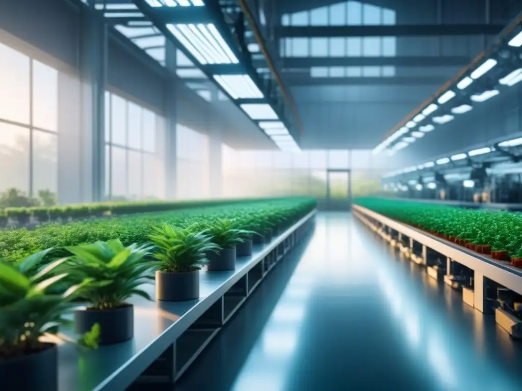 Planta textil futurista con estructuras metálicas y vegetación vibrante, integrando biología sintética en la industria textil