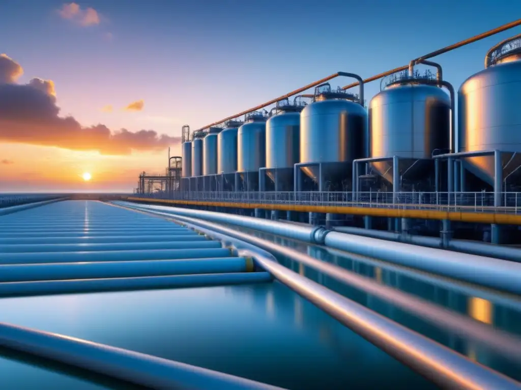 Una planta de desalinización de vanguardia destacando entre una puesta de sol, reflejando tecnologías de desalinización de agua