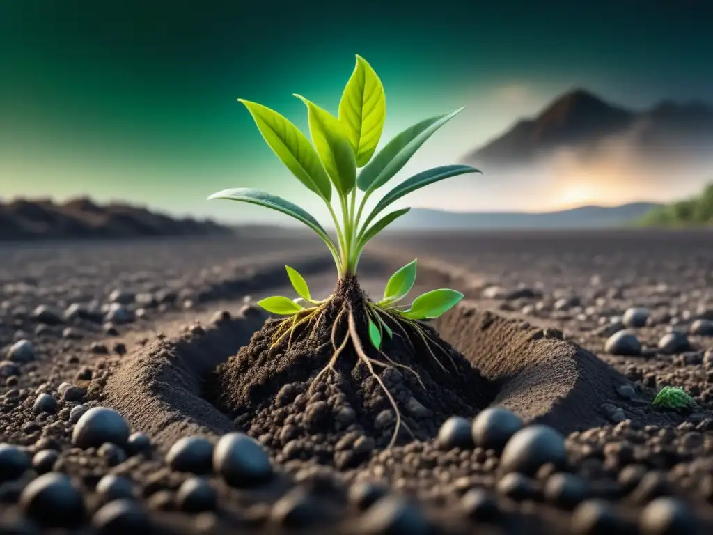 Renovación ambiental: planta verde brotando de suelo contaminado Planta verde brota de suelo contaminado, simbolizando el poder de las estrategias de tratamiento suelos contaminados