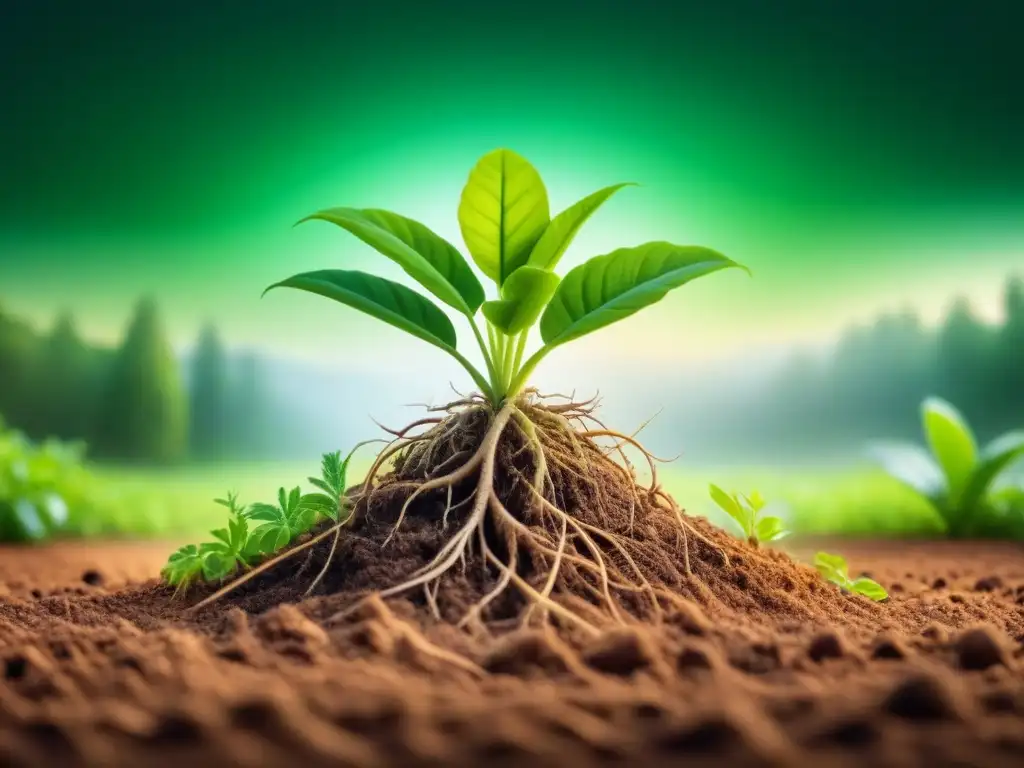 Una planta verde absorbe y filtra contaminantes químicos del suelo, demostrando el poder de la fitoremediación