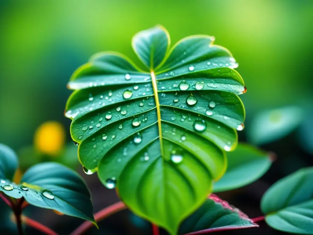 Planta verde con hojas vibrantes cubiertas de gotas de agua, simbolizando revitalización y crecimiento tras casos de éxito bioremediación global