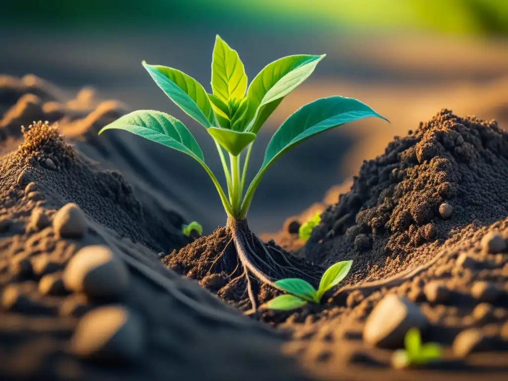 Planta verde creciendo en suelo contaminado, representando la remediación ambiental de suelos contaminados