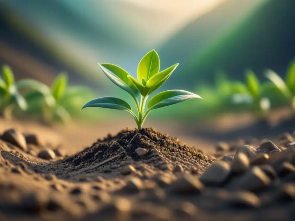 Planta verde emergiendo de tierra agrietada, simbolizando crecimiento e innovación en crisis