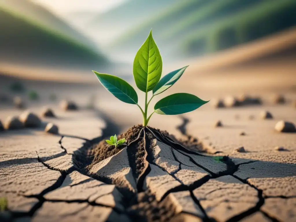 Una planta verde crece en tierra seca y agrietada, simbolizando soluciones renovables en crisis hídrica