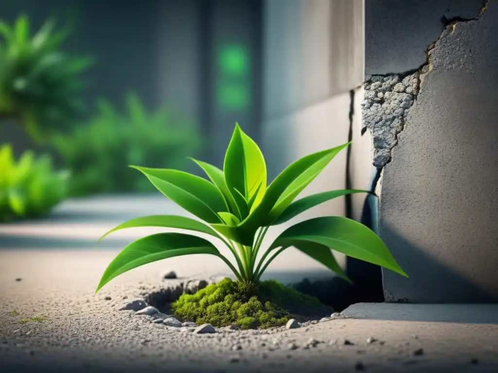 Un planta verde vibrante rompiendo el concreto, simbolizando la implementación de bioremediación en industrias y superando desafíos