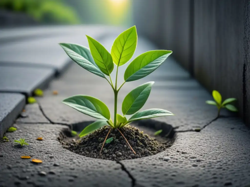 Planta vibrante emerge del concreto en ambiente urbano contaminado, simbolizando fitoremediación de ambientes contaminados