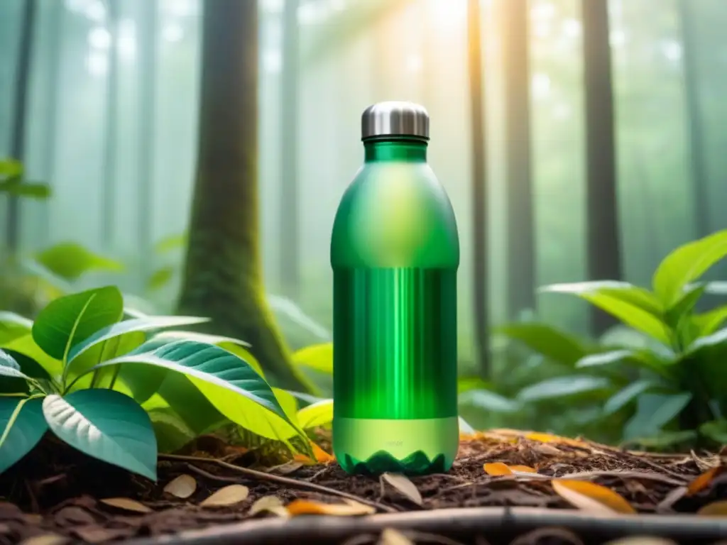 Armonía natural: envases biodegradables en un bosque exuberante Plásticos biodegradables reduciendo residuos en un bosque verde y sereno