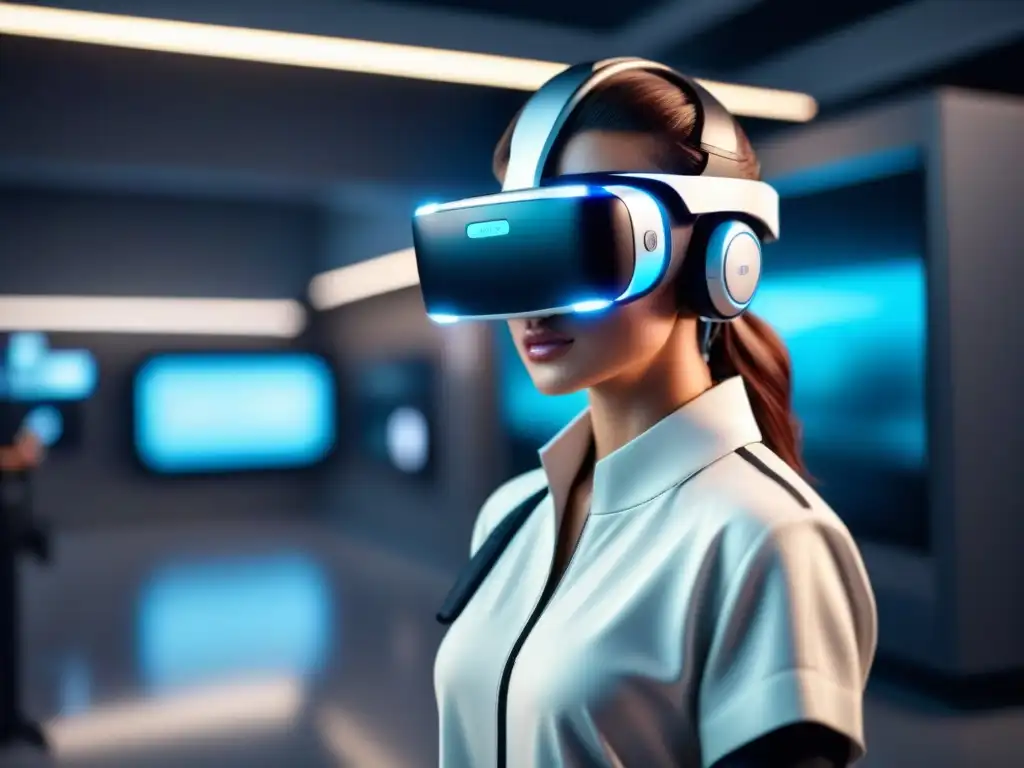 Plataforma AR/VR mantenimiento reparación: Headsets futuristas exhiben holografía y simulación virtual avanzada en superficie blanca