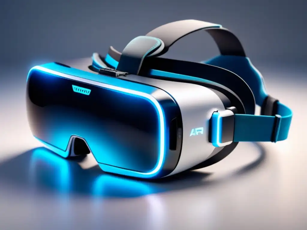 Plataforma AR/VR mantenimiento reparación: Moderno visor futurista iluminado en azul sobre superficie blanca