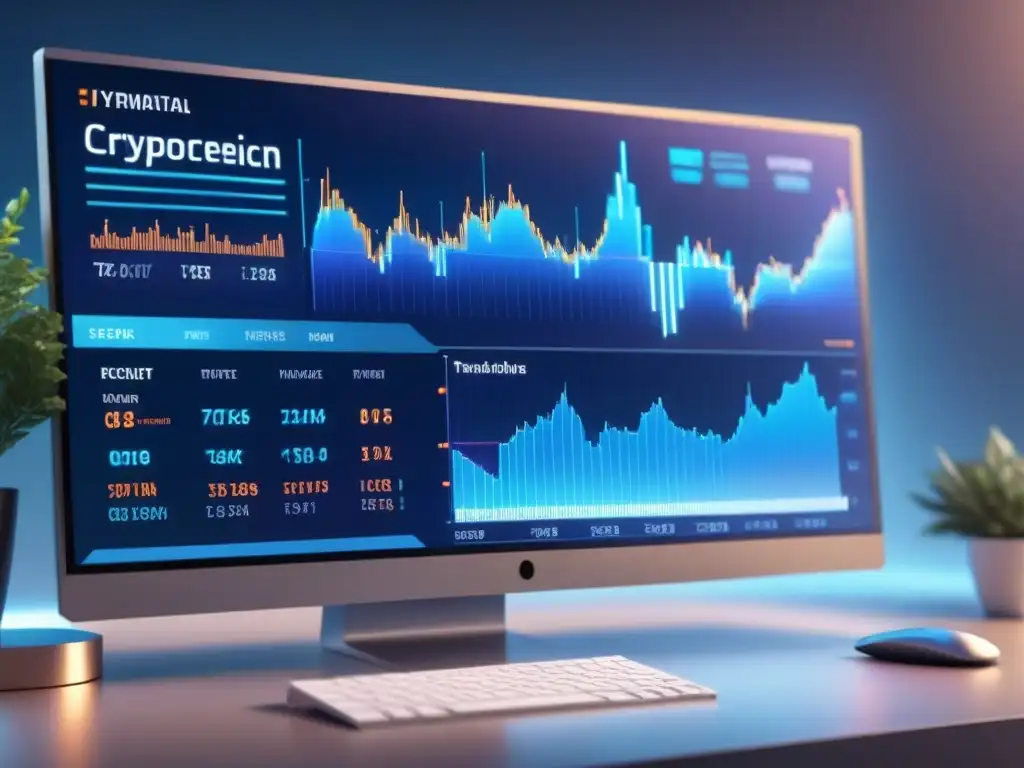 Una plataforma segura para intercambio de criptomonedas con diseño futurista y avanzada tecnología en azules profundos y detalles plateados