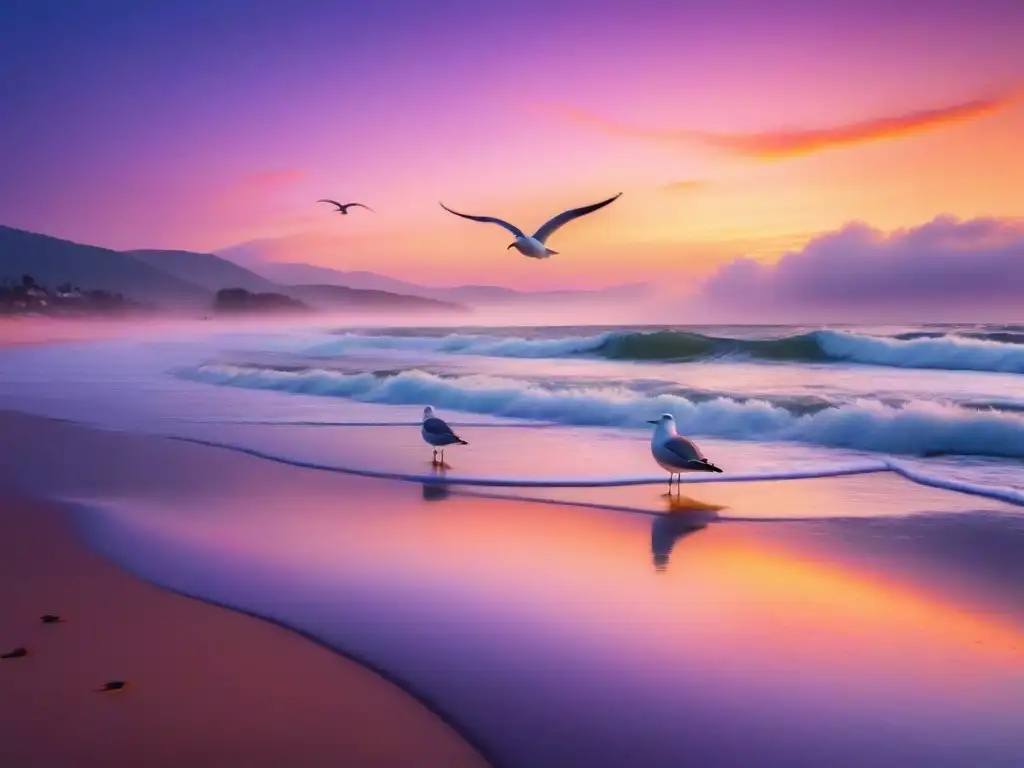 Playa de arena al atardecer, con olas suaves y gaviotas volando