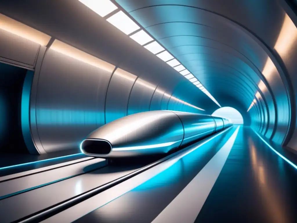 Un pod futurista del Hyperloop surcando un túnel minimalista y tecnológico, iluminado suavemente para transmitir innovación y sostenibilidad en el desarrollo del transporte Hyperloop sostenible