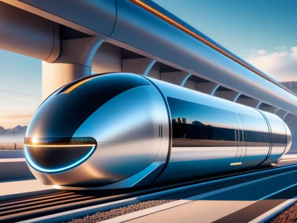 Un pod futurista de Hyperloop se desliza en un paisaje industrial tech