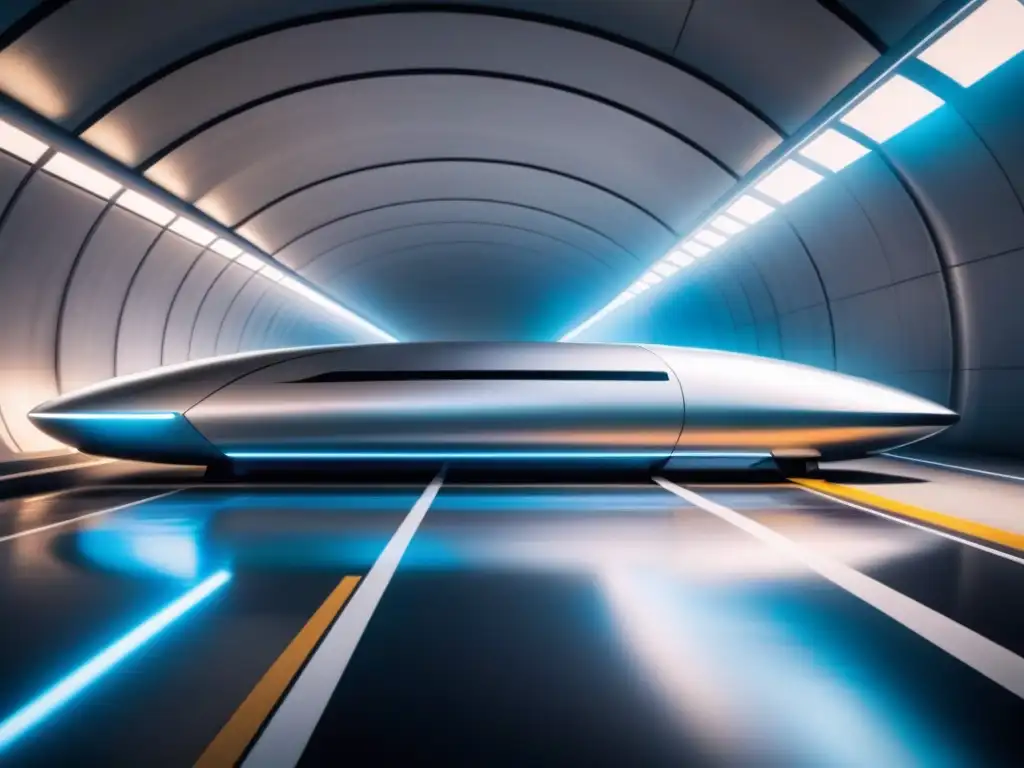 Un pod futurista de Hyperloop surcando un túnel minimalista de alta tecnología, destacando la eficiencia de este avanzado sistema de transporte