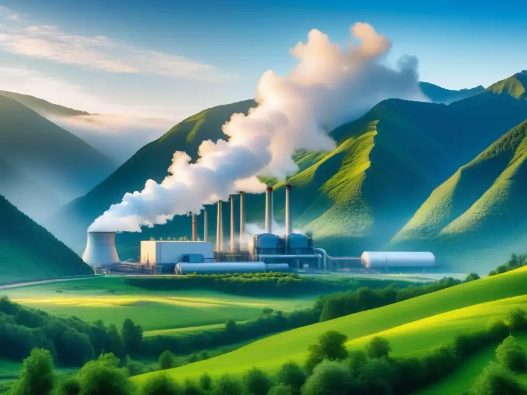 Armonía entre naturaleza y tecnología: planta geotérmica en paisaje verde Un poderoso símbolo de armonía: planta geotérmica en medio de montañas verdes bajo un cielo azul