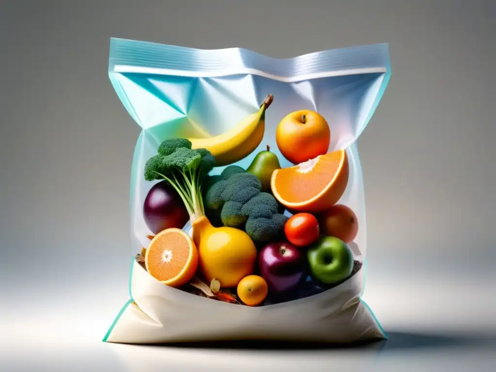 Polímeros biodegradables para embalaje: Bolsa transparente con desechos orgánicos coloridos en fondo blanco