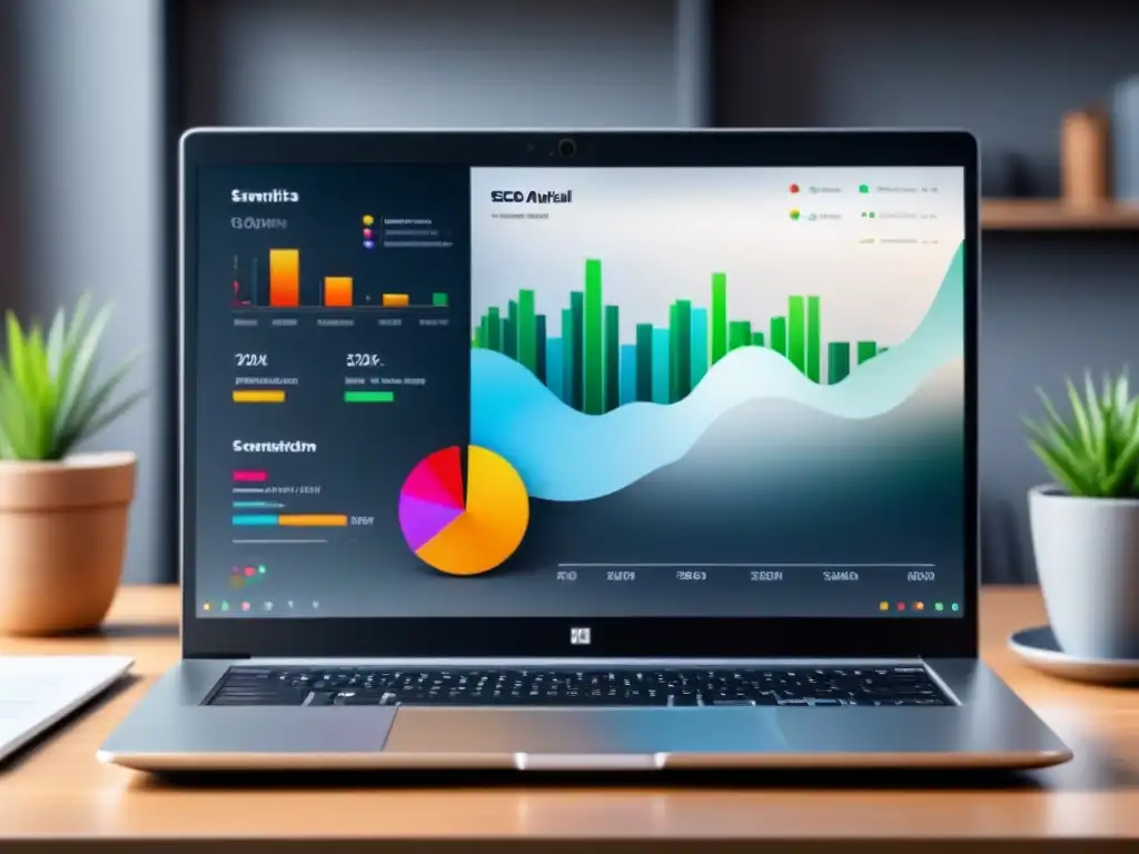 Un portátil moderno con un panel de SEO en una oficina limpia