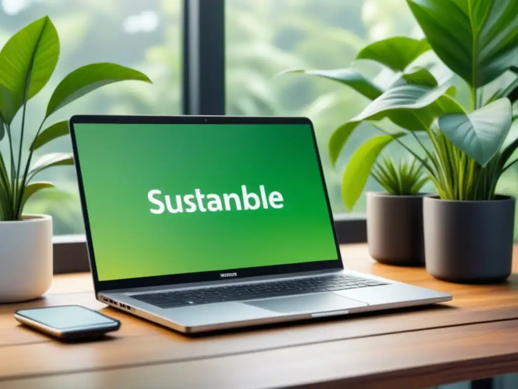 Un portátil moderno rodeado de plantas verdes, con un anuncio de redes sociales vibrante sobre contenido persuasivo para industrias sostenibles