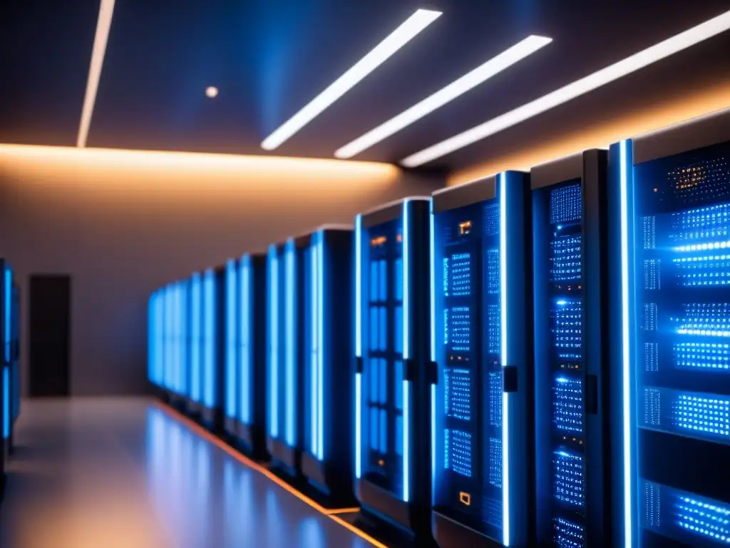 Potente supercomputadora futurista en una habitación oscura, destacando su sofisticación en la supercomputación en la industria del entretenimiento