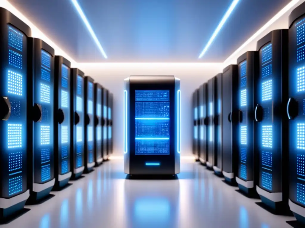 Potente supercomputadora de IA en estrategias competitivas, con diseño futurista y luces azules brillantes sobre blanco minimalista