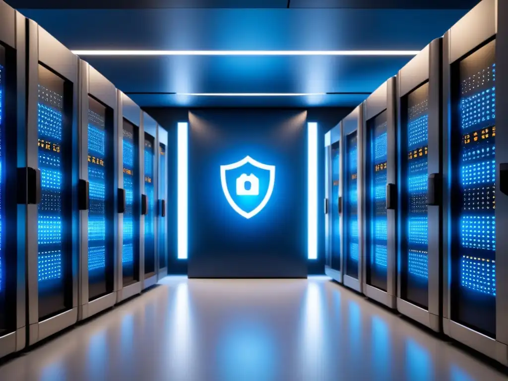 Potente supercomputadora rodeada de sofisticadas estrategias de seguridad digital en tonos azules y plateados