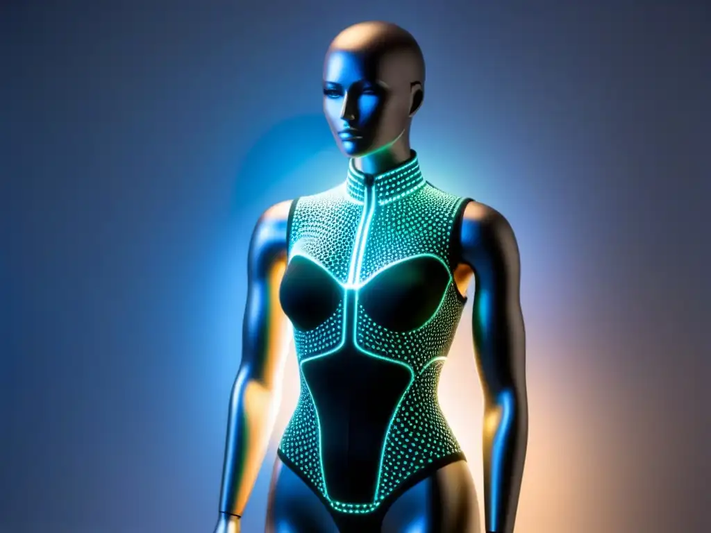 Una prenda textil inteligente minimalista con patrones de circuitos, iluminada con luces LED suaves, en un maniquí blanco