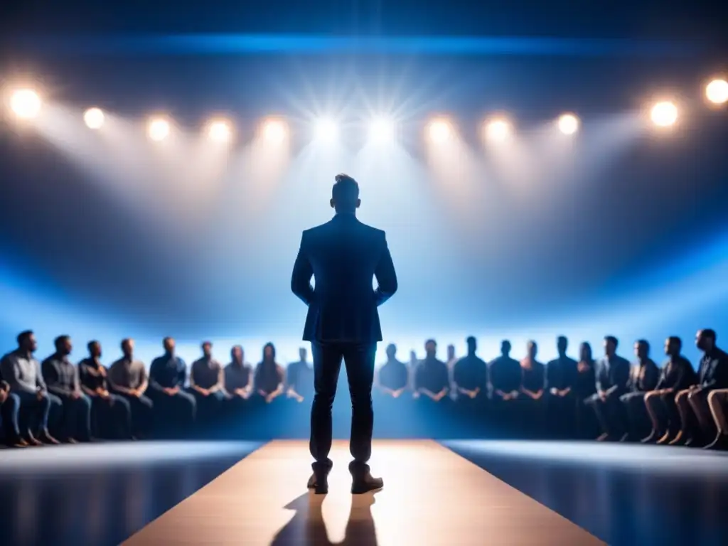 Presentación impactante ante inversores en azul y gris Un presentador confiado en un escenario ante inversores tecnológicos en tonos azul y gris