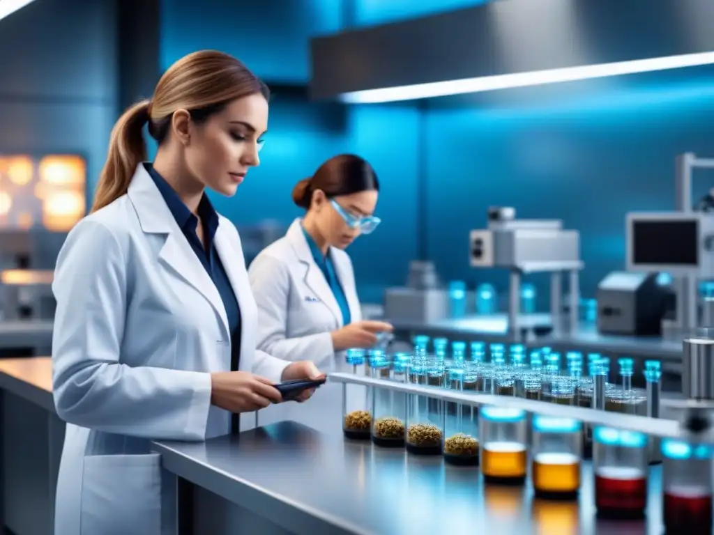 Proceso de innovación de alimentos funcionales en un laboratorio moderno con científicos en batas blancas trabajando en experimentos avanzados