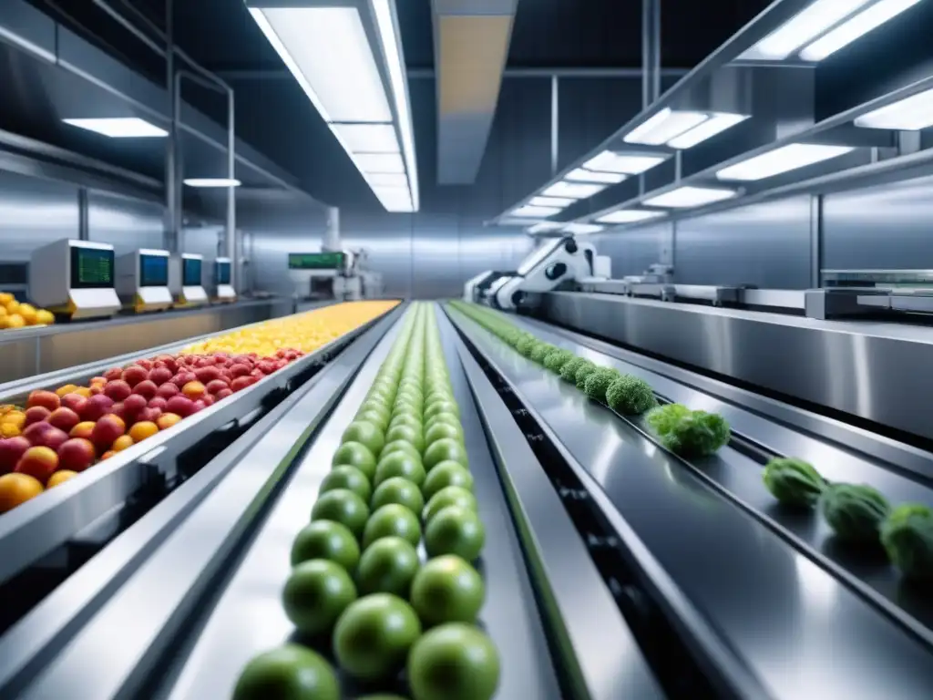 Automatización robótica de procesos en industrias: Robots modernos clasifican frutas y verduras en una planta de procesamiento de alimentos futurista