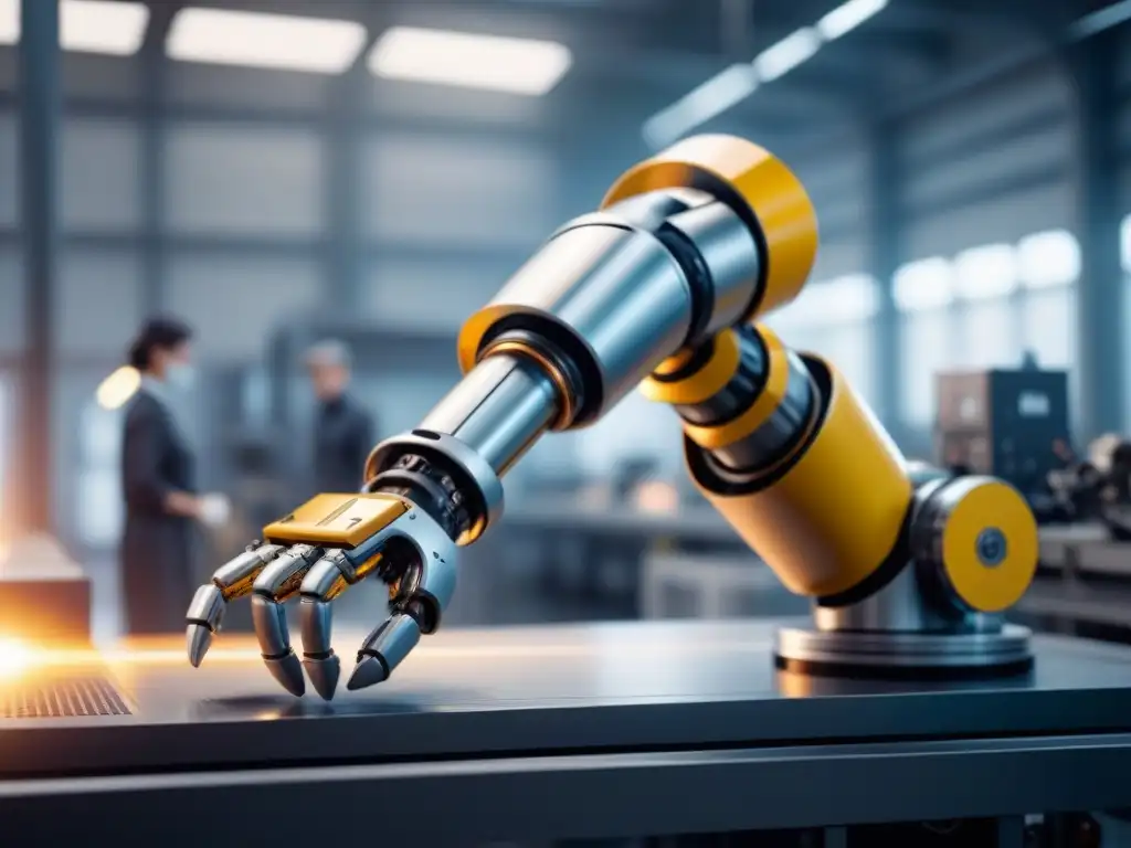 Robótica industrial avanzada: ensamblaje preciso y eficiente Automatización para aumentar productividad manufactura: Brazo robótico ensamblado con precisión en ambiente industrial moderno y sofisticado