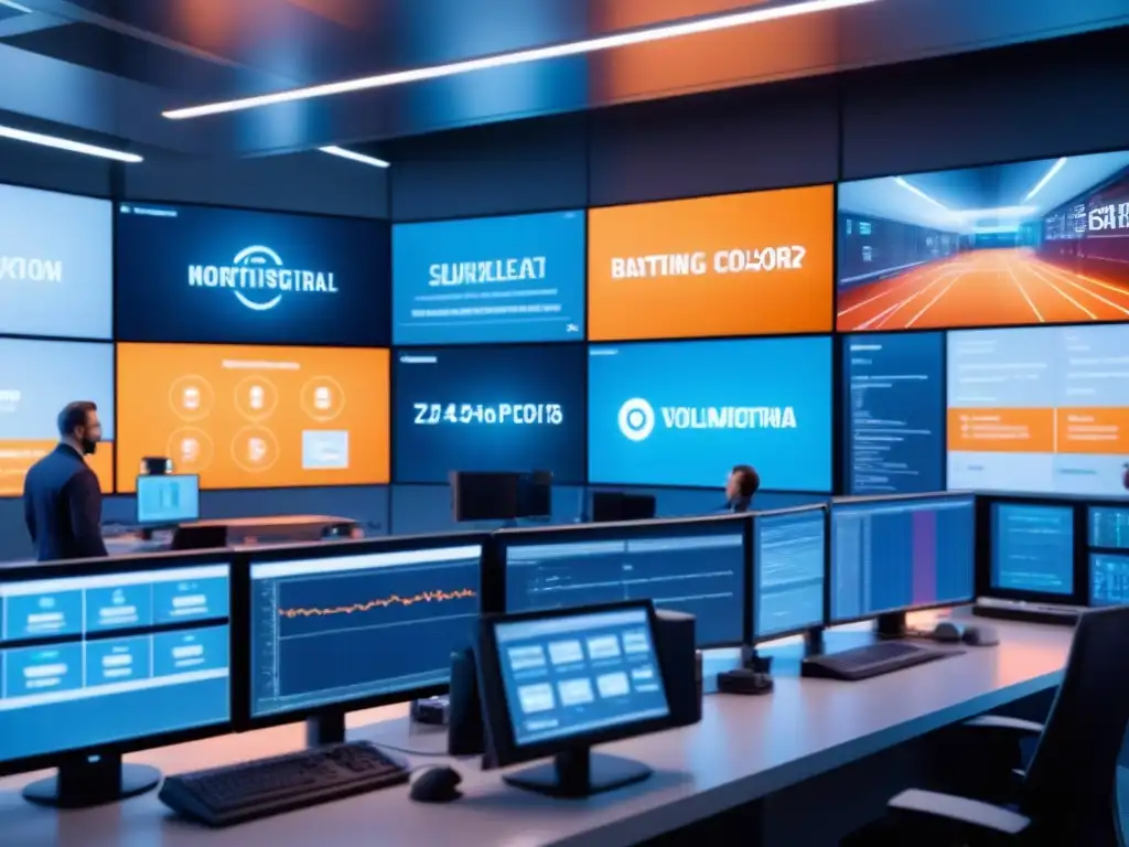 Control de seguridad avanzado en planta industrial futurista Profesionales monitorizan datos en sala de control industrial futurista
