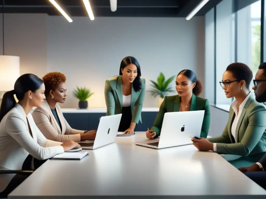 Profesionales diversificados en reunión estratégica de bienestar en oficina moderna