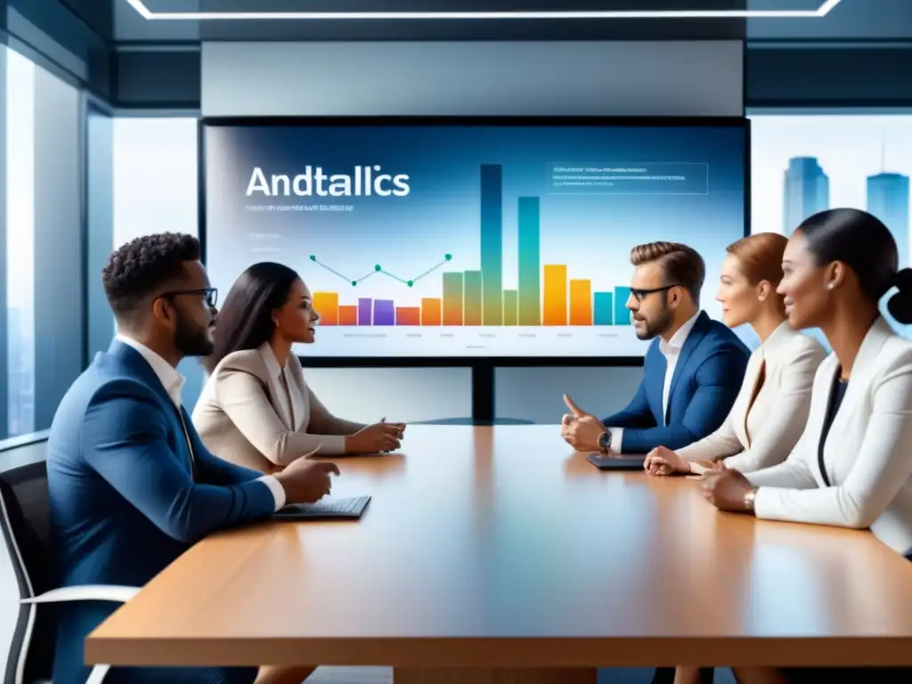 Profesionales diversificados en reunión, analizando gráficos de feedback