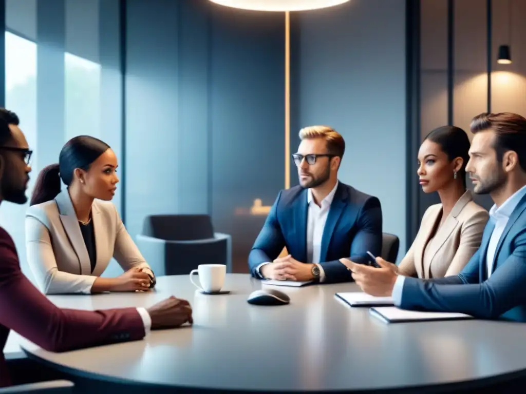 Profesionales diversos colaborando en mesa redonda, resolviendo problemas de responsabilidad civil en reputación empresarial