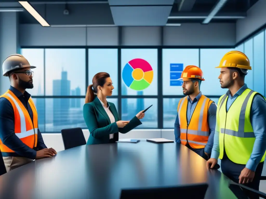 Profesionales industriales en reunión de evaluación de riesgos con gráficos y equipos de seguridad