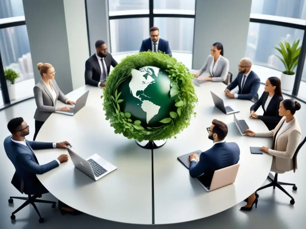 Profesionales colaborando en mesa circular, con plantas, laptops y globo