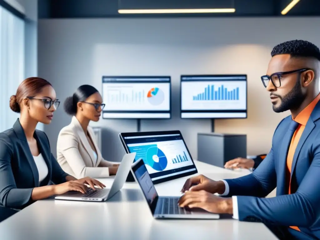 Profesionales colaborando en moderna oficina usando laptops y tablets, rodeados de datos de automatización
