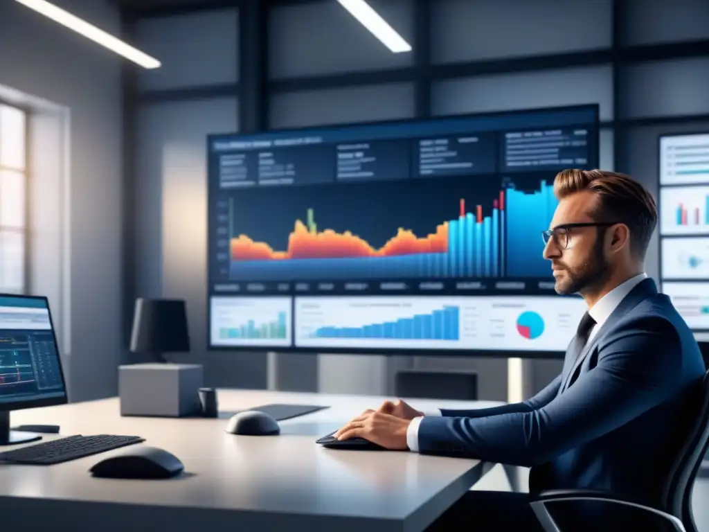 Profesionales debatiendo en una oficina industrial moderna con visualización de datos en empresas industriales