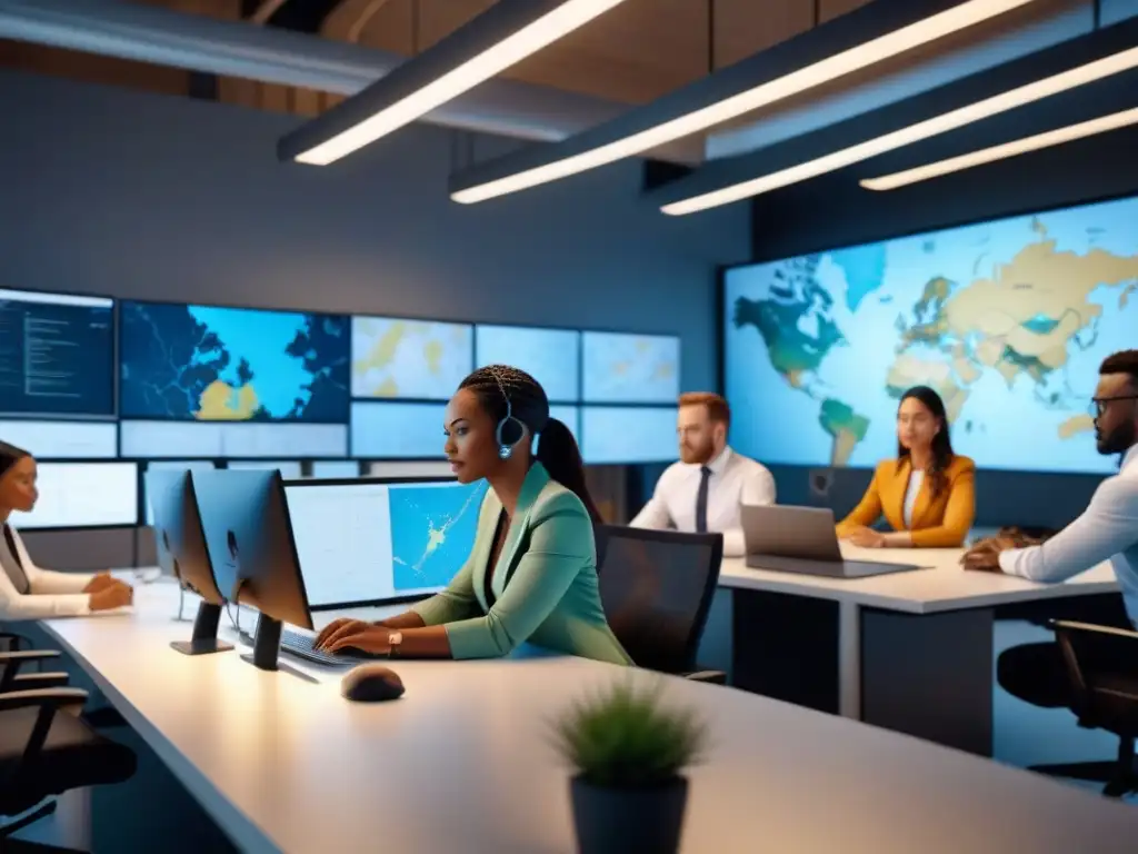 Equipo diverso en oficina futurista con mapas GIS detallados Profesionales colaboran en oficina moderna con mapas GIS detallados en pantallas