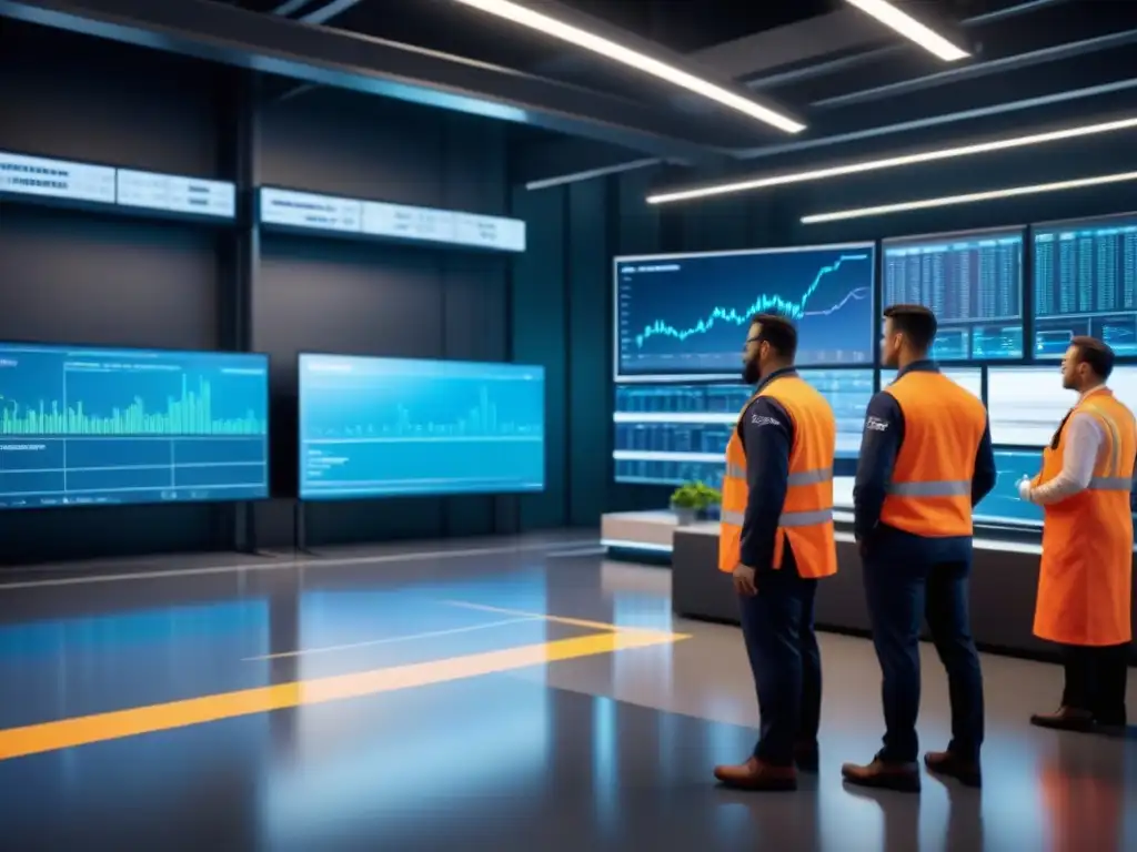 Profesionales en una planta industrial moderna y tecnológica con visualización de datos en empresas industriales