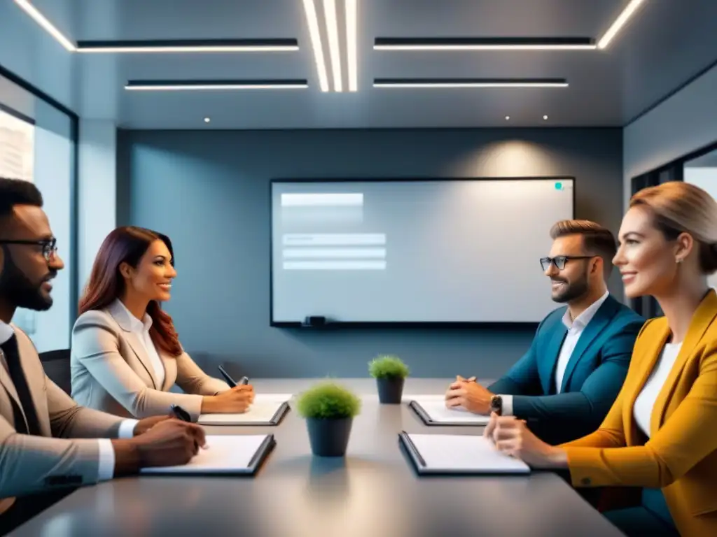 Profesionales colaborando en sesión de feedback constructivo en oficina moderna