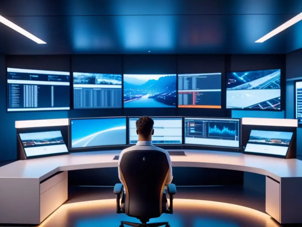 Profesionales monitorean sistemas autónomos en control room futurista con software gestión sistemas autónomos industriales