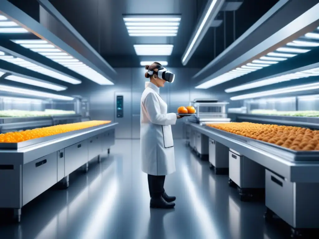 Profesionales usan tecnología avanzada en entrenamiento en realidad aumentada alimentaria en futurista fábrica de alimentos