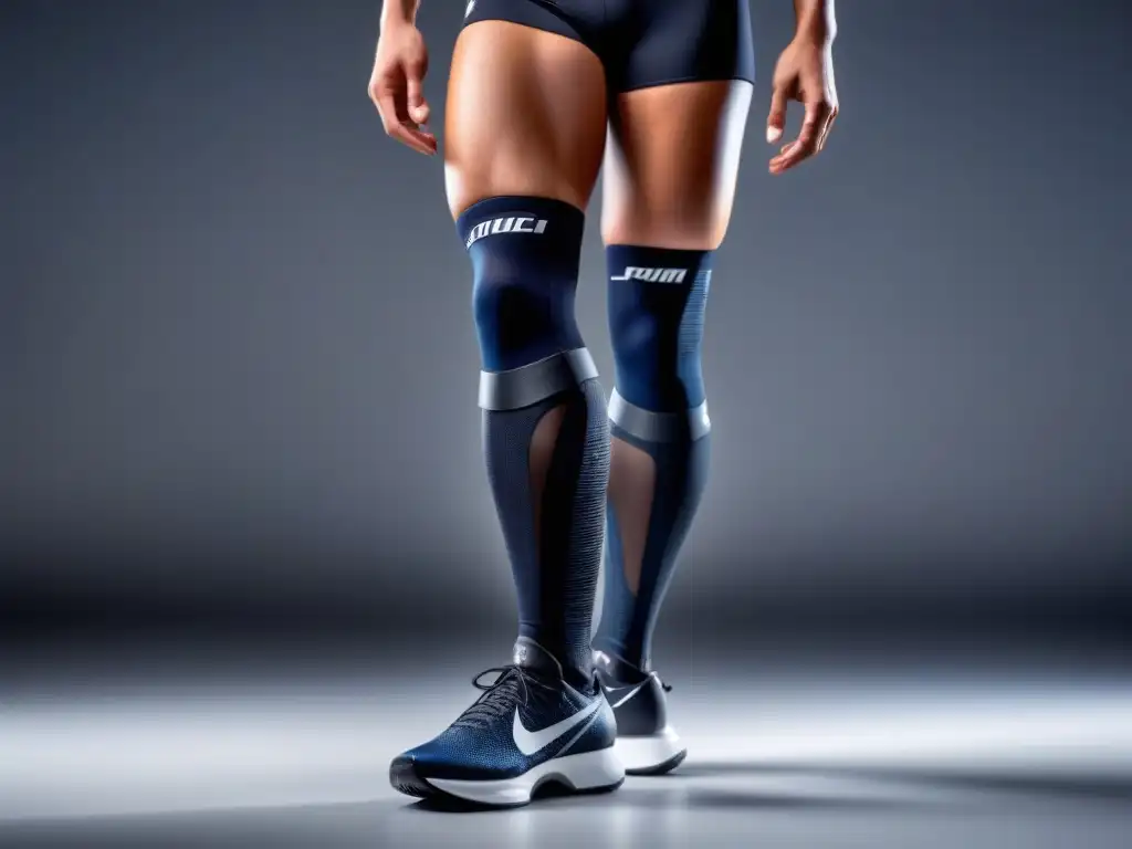 Prótesis deportiva futurista de fibra de carbono Una prótesis deportiva de última generación, con materiales de fibra de carbono y tecnología avanzada, en un fondo blanco limpio