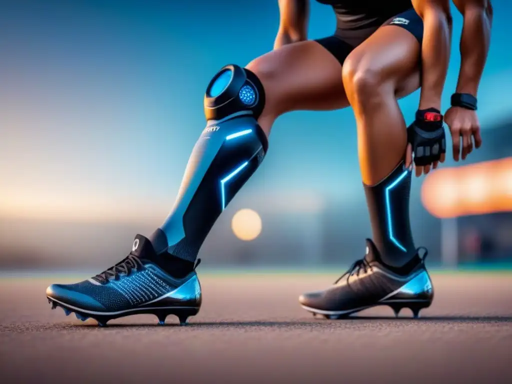 Prótesis deportiva futurista de alto rendimiento Prótesis deportivas de última generación: pierna biónica futurista y detallada para rendimiento atlético en entorno minimalista